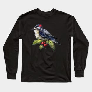 Holiday Bird Downy Woodpecker Long Sleeve T-Shirt